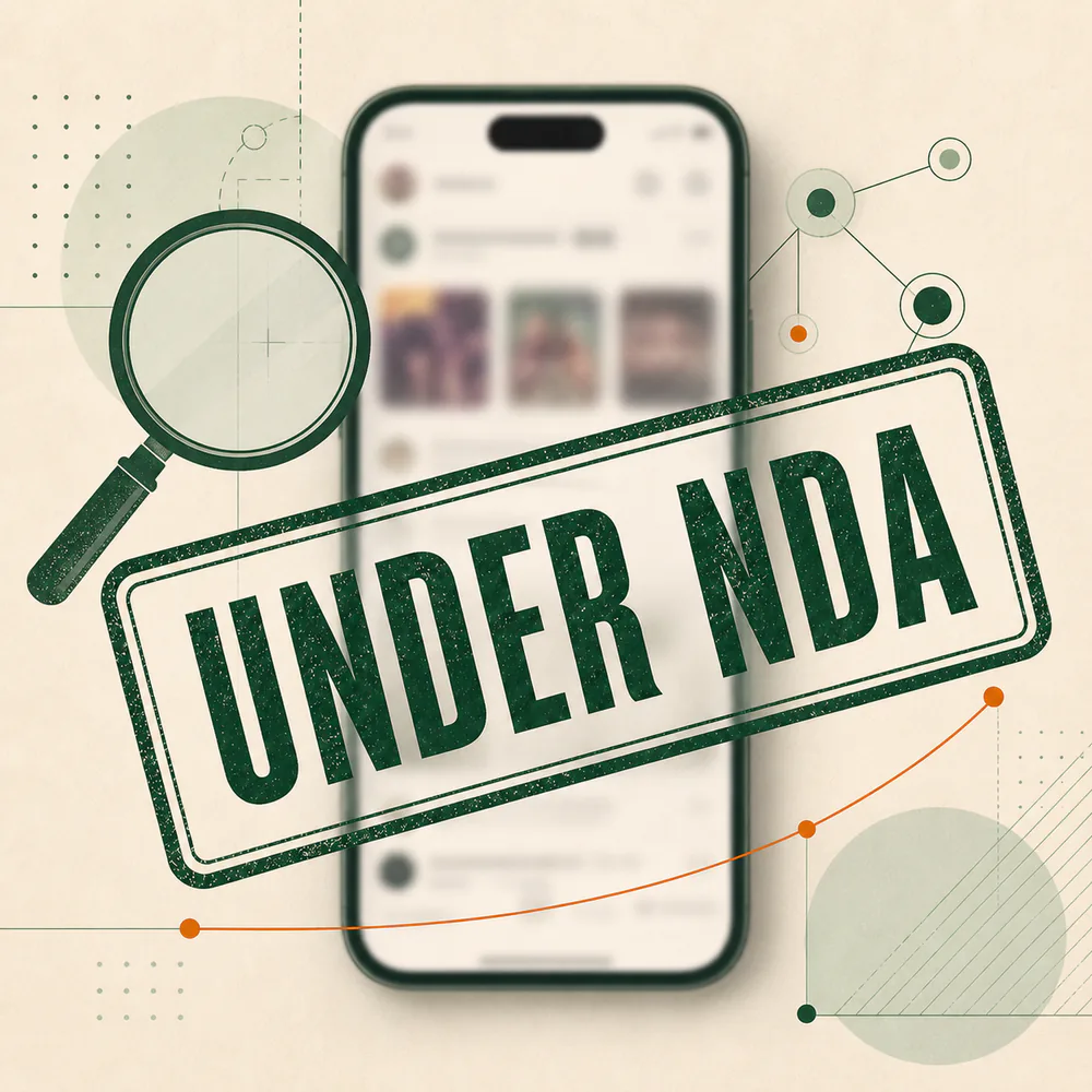 Decorative blurred background for Under NDA stamp over a blurred social networking app and ASO discovery system